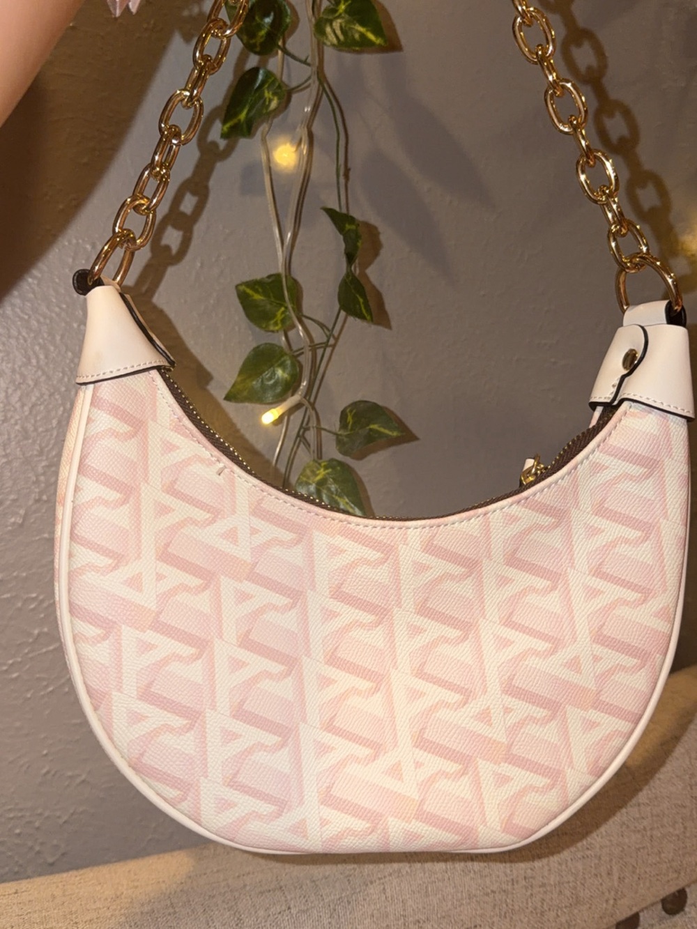Pink Crescent Shoulder Bag with Gold Chain